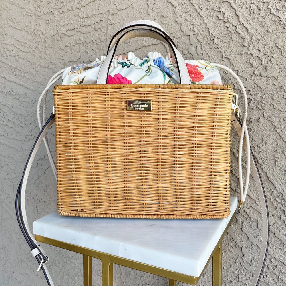 KATE SPADE Bloom Street Sam Floral Wicker Rattan Picnic Woven Basket Box Bag